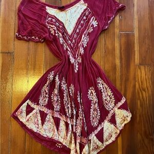 Vintage Fashion Force Boho Embroidered Dress Burgundy Flowy Festival L/XL